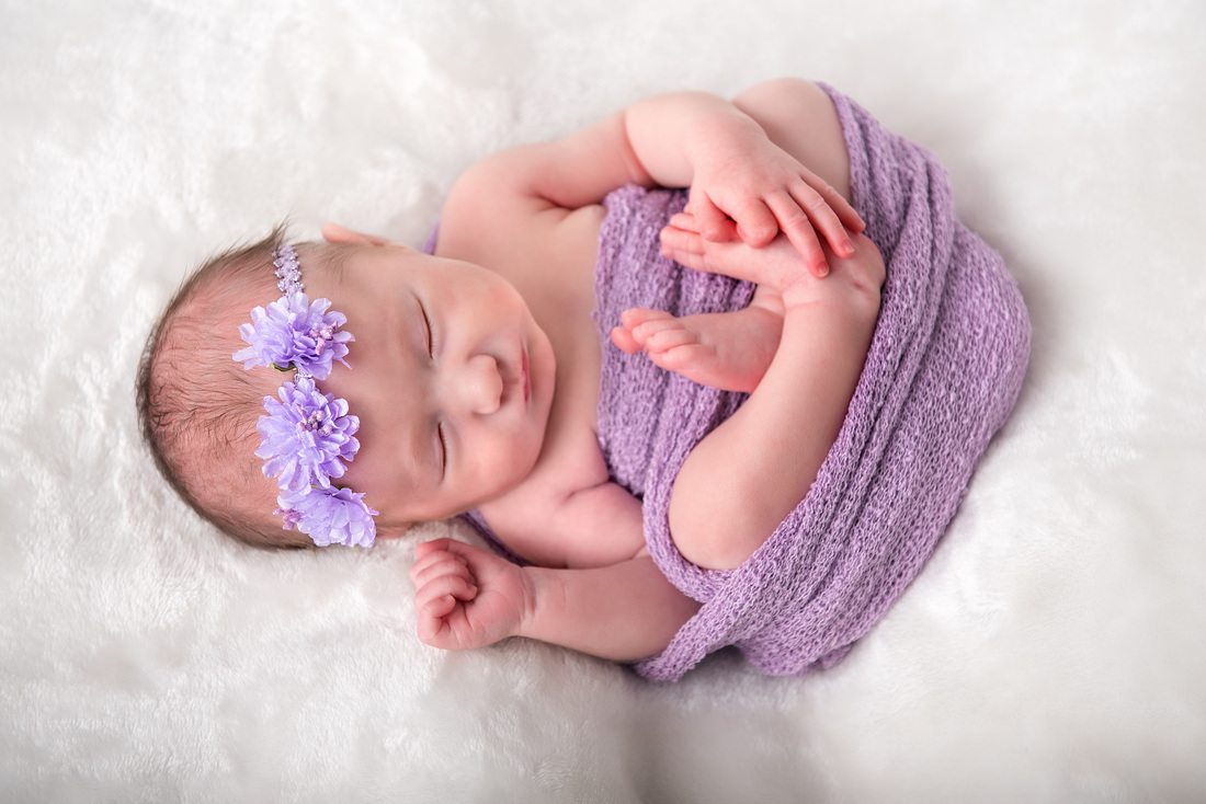 baby girl curled up photography session in purple